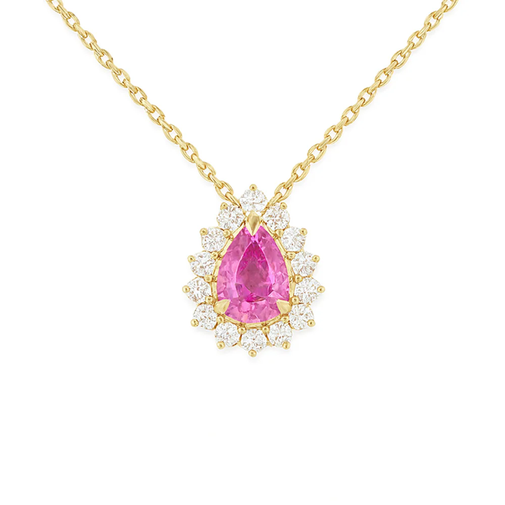 <span style="color:purple">SPECIAL!</span> .84ct G SI 14KT Yellow Gold Diamond & Pear Shape Pink Sapphire Gemstone Pendant Necklace 18" Chain