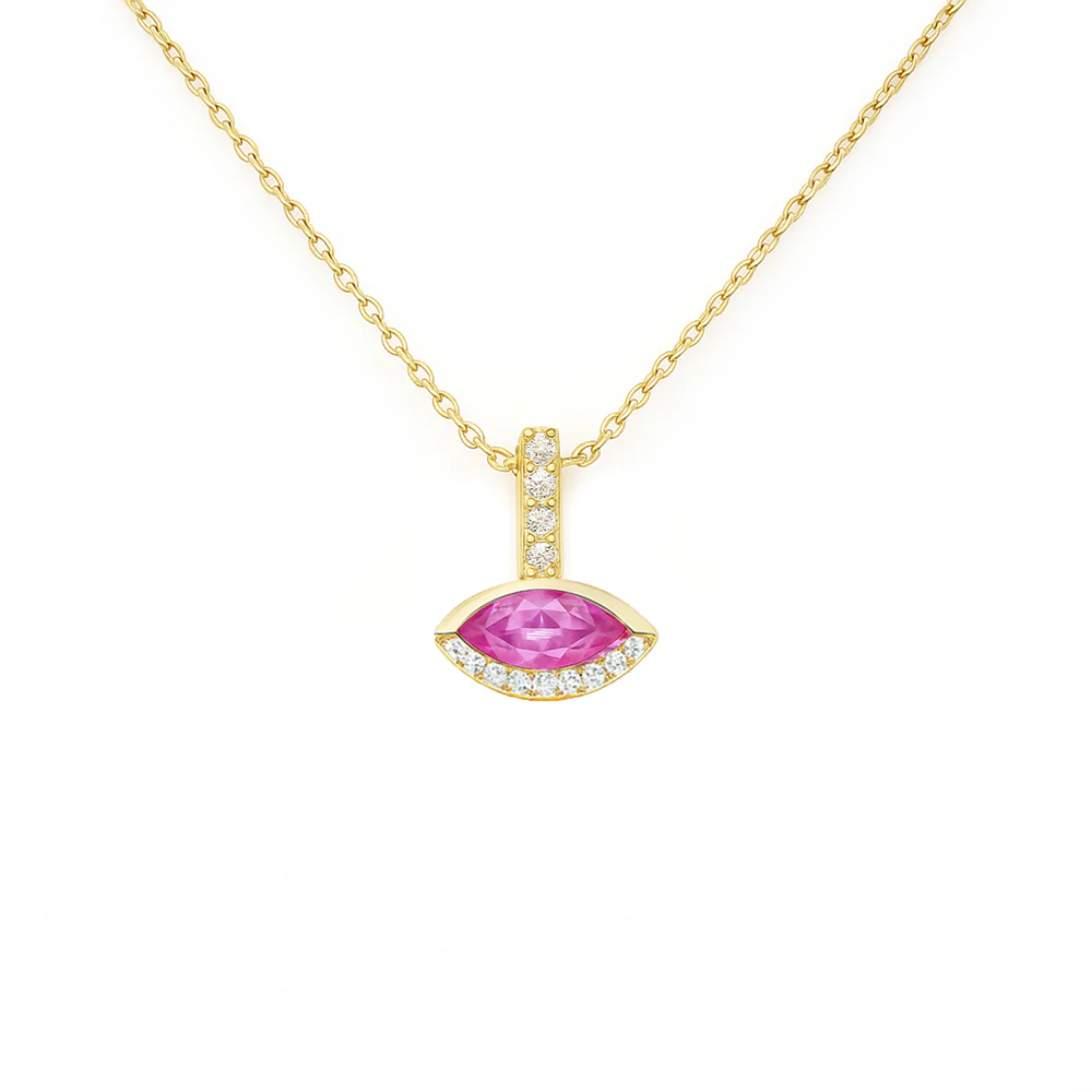 <span style="color:purple">SPECIAL!</span> .47ct G SI 14KT Yellow Gold Diamond & Marquise Shape Pink Sapphire Gemstone Pendant Necklace 18" Chain
