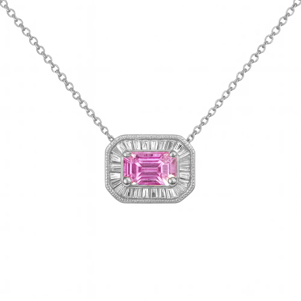 <span style="color:purple">SPECIAL!</span> .45ct G SI 14KT White Gold Diamond & Pink Sapphire Gemstone Pendant Necklace 16+2"