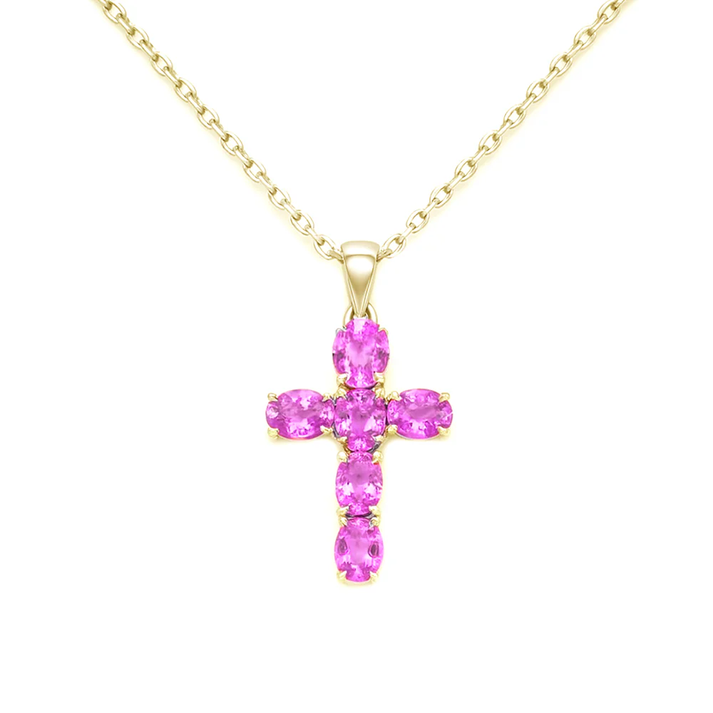 <span style="color:purple">SPECIAL!</span> 1.38ct G SI 14KT Yellow Gold Oval Shape Pink Sapphire Gemstone Cross Pendant 18" Chain
