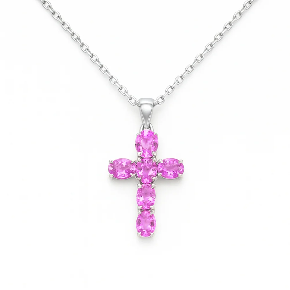 <span style="color:purple">SPECIAL!</span> 1.50ct G SI 14KT White Gold Oval Shape Pink Sapphire Gemstone Cross Pendant 18" Chain