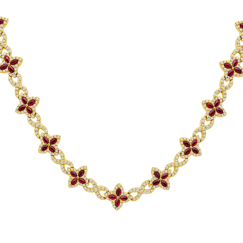 <span style="color:purple">SPECIAL!</span> 15.31ct G SI 14kt Yellow Gold Diamond & Ruby Gemstone Clover Infinity Necklace 20"