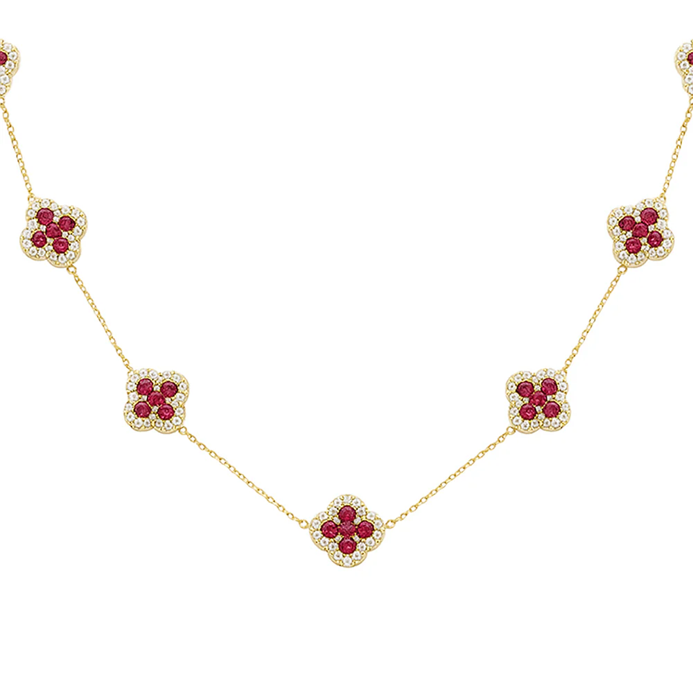 <span style="color:purple">SPECIAL!</span> 7.20ct G SI 14kt Yellow Gold Diamond & Ruby Gemstone Clover Chain Necklace 16+2" Ext.