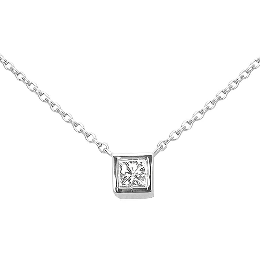 <span style="color:purple">SPECIAL!</span> .18ct G SI 14kt White Gold Bezel Set Princess Cut Diamond Solitaire Pendant Necklace 16+2" Ext.