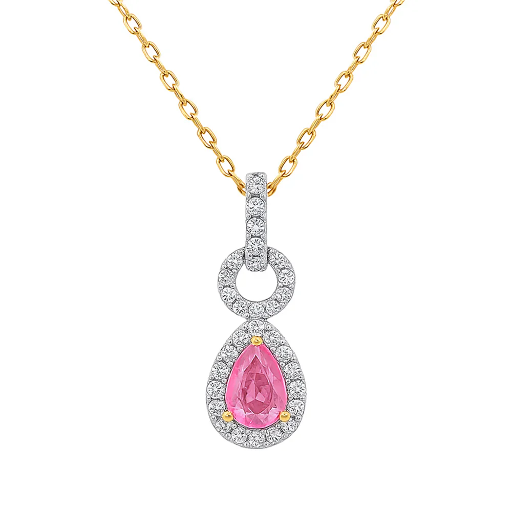 <span style="color:purple">SPECIAL!</span> .49ct G SI 14kt Yellow Gold Diamond & Pink Sapphire Pear Shape Drop Pendant  18"
