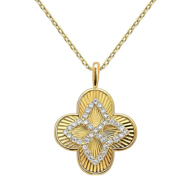 <span style="color:purple">SPECIAL!</span> .25ct G SI 14kt Yellow Gold Diamond Clover Shape Disc Medallion Pendant Necklace 18" Long
