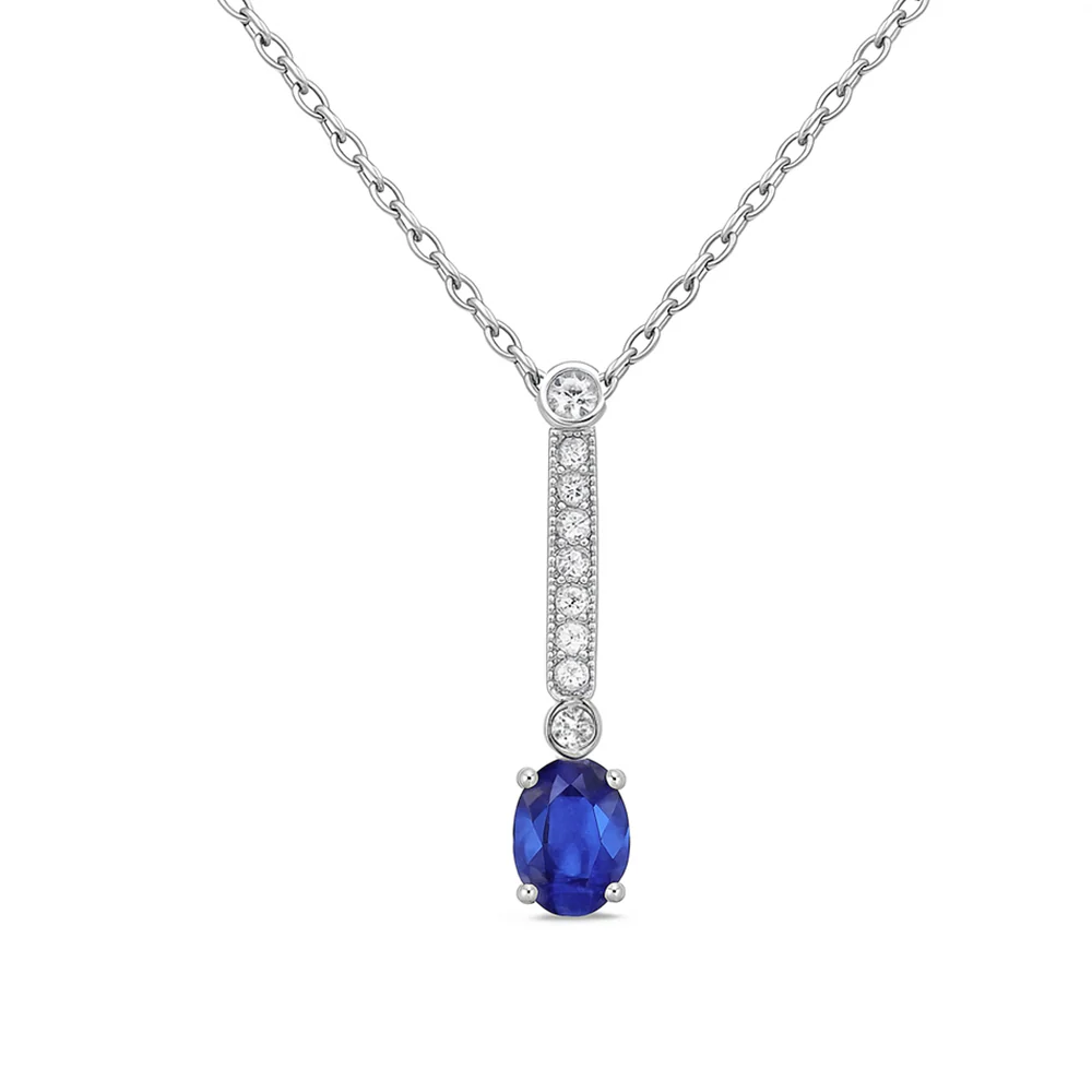 <span style="color:purple">SPECIAL!</span> 1.11ct G SI 14kt White Gold Diamond & Blue Sapphire Gemstone Pendant Necklace 18" Long