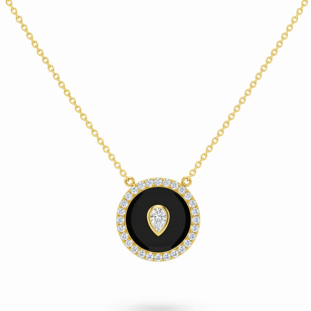 <span style="color:purple">SPECIAL!</span> .36ct G SI 14kt Yellow Gold Pear Diamond Onyx Inlay Pendant Necklace 16+2" Long