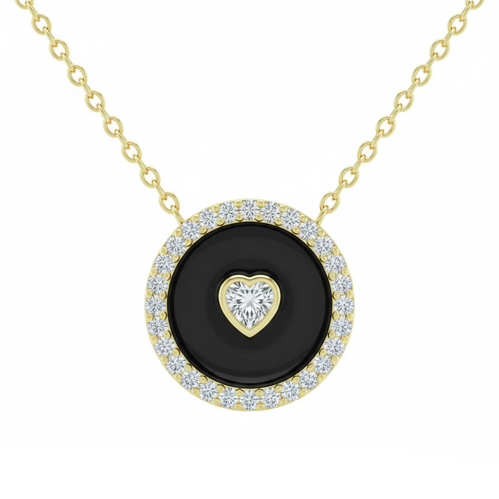 <span style="color:purple">SPECIAL!</span> .33ct G SI 14kt Yellow Gold Heart Diamond Onyx Inlay Pendant Necklace 16+2" Long
