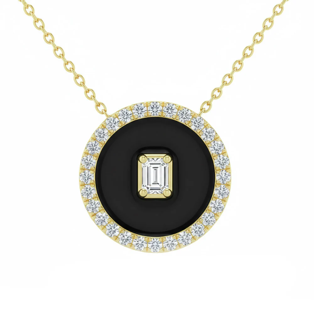 <span style="color:purple">SPECIAL!</span> .34ct G SI 14kt Yellow Gold Diamond Onyx Inlay Pendant Necklace 16+2" Long
