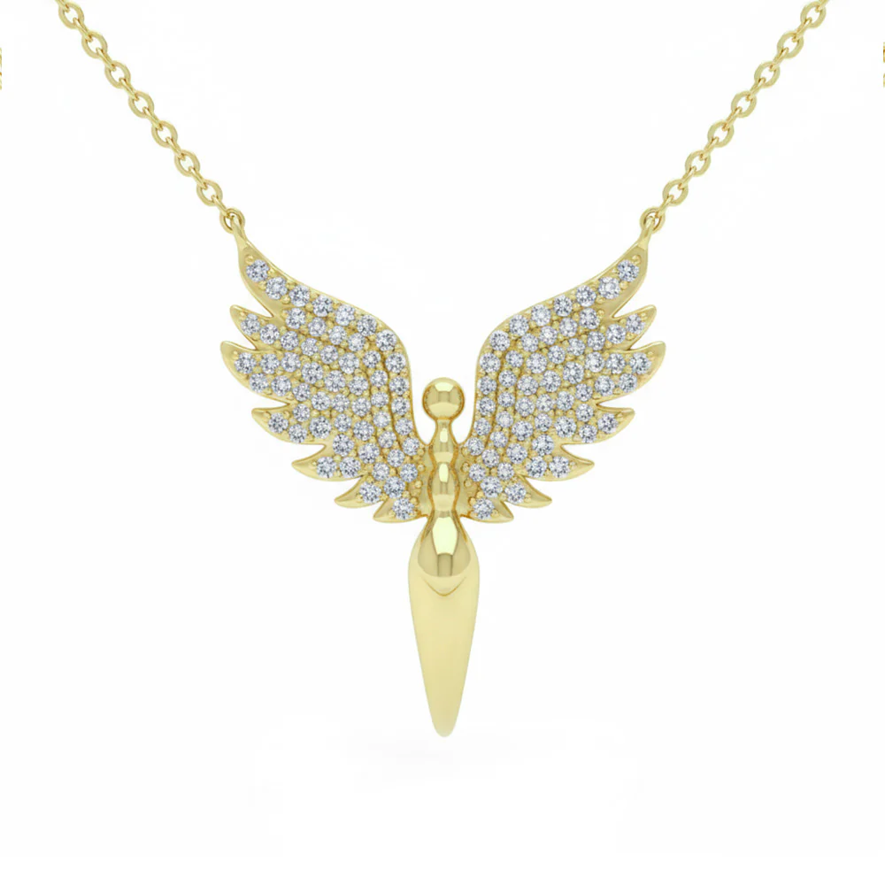 <span style="color:purple">SPECIAL!</span>  .21ct G SI 14kt Yellow Gold Diamond Angel Wings Pendant Necklace 18" Long