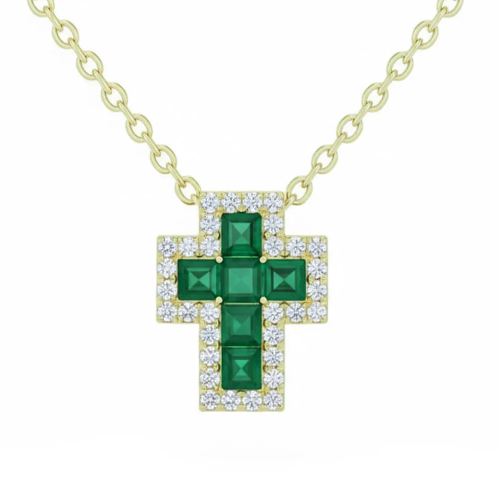<span style="color:purple">SPECIAL!</span> .39ct G SI 14kt Yellow Gold Diamond & Emerald Gemstone Cross Pendant Necklace 18" Long