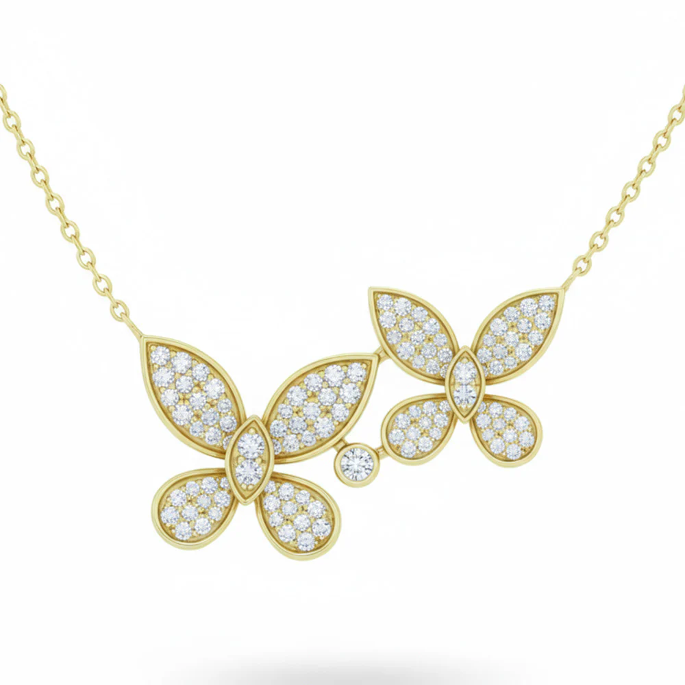 <span style="color:purple">SPECIAL!</span> .53ct G SI 14kt Yellow Gold Diamond Twin Butterfly Pendant Necklace 18" Long