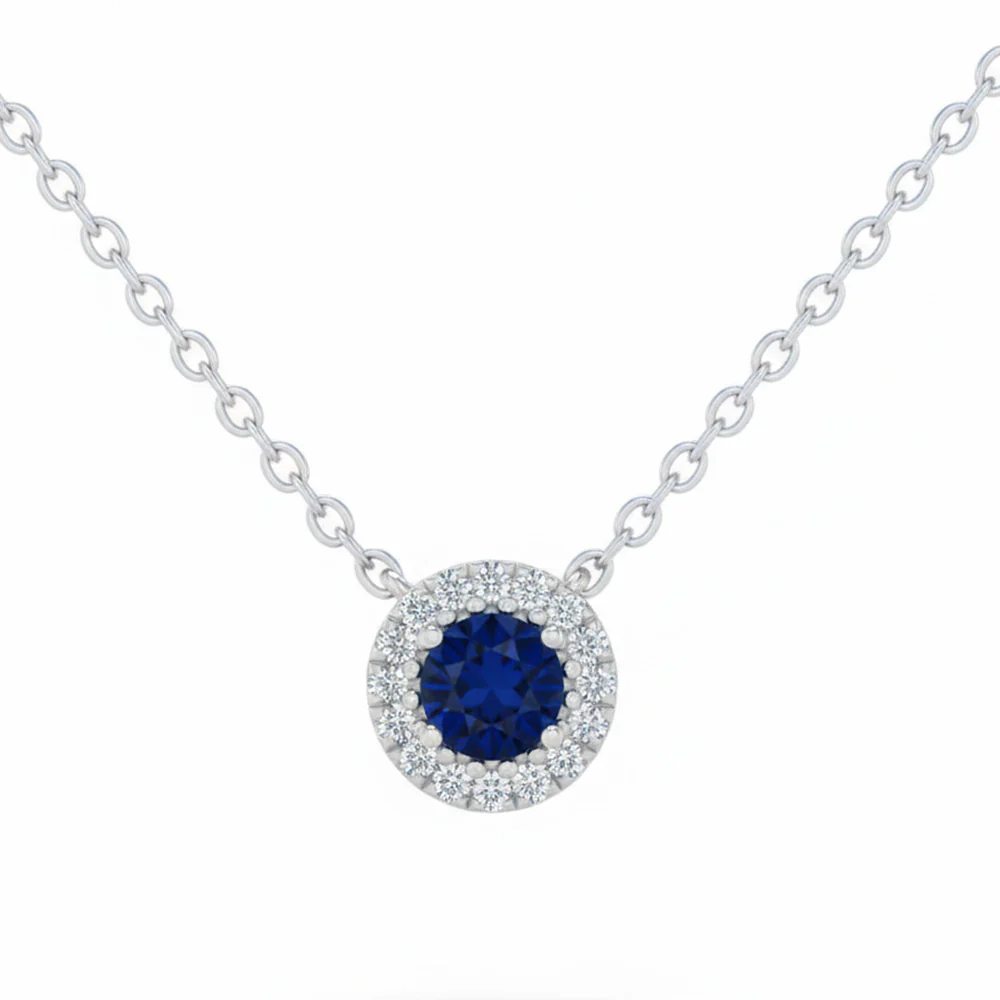 .14ct G SI 14kt White Gold Diamond & Blue Sapphire Gemstone Pendant Necklace 18" Long