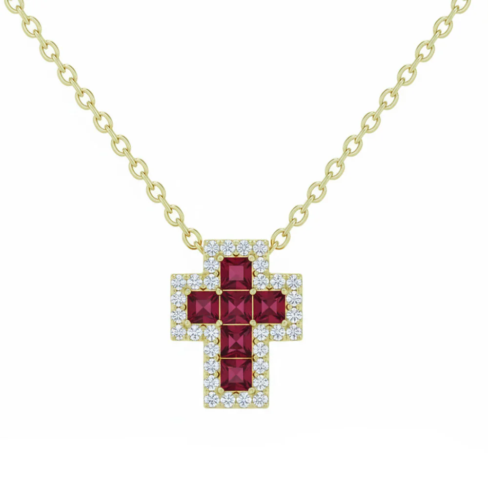 <span style="color:purple">SPECIAL!</span> .46ct G SI 14kt Yellow Gold Diamond & Ruby Gemstone Cross Pendant Necklace 18" Long