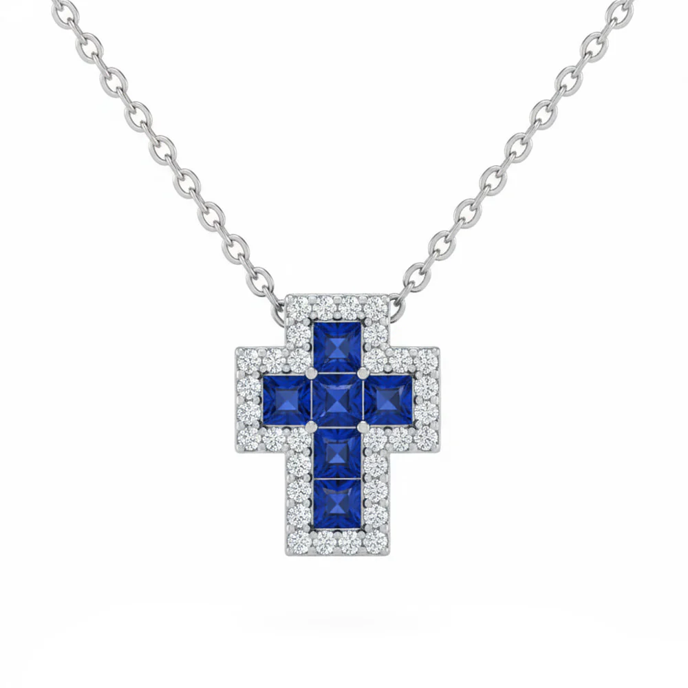 <span style="color:purple">SPECIAL!</span> .44ct G SI 14kt White Gold Diamond & Blue Sapphire Gemstone Cross Pendant Necklace 18" Long