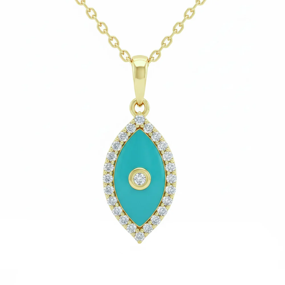 <span style="color:purple">SPECIAL!</span> .13ct G SI 14kt Yellow Gold Diamond & Turquoise Enamel Evil Eye Pendant Necklace 18" Long