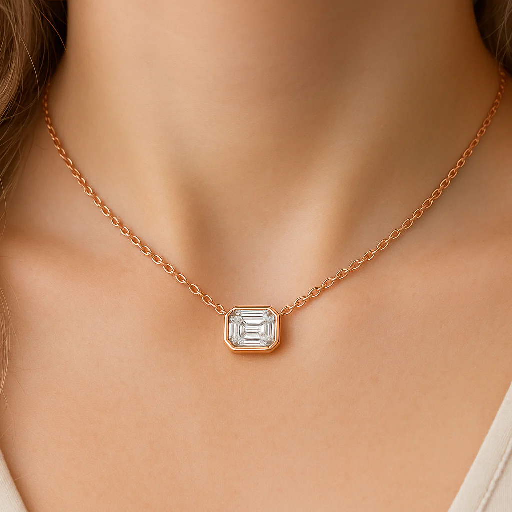 <span style="color:purple">SPECIAL!</span> .14ct G SI 14K Rose Gold Emerald Cut Bezel Set Diamond Pendant Necklace 18" Long - Image 2