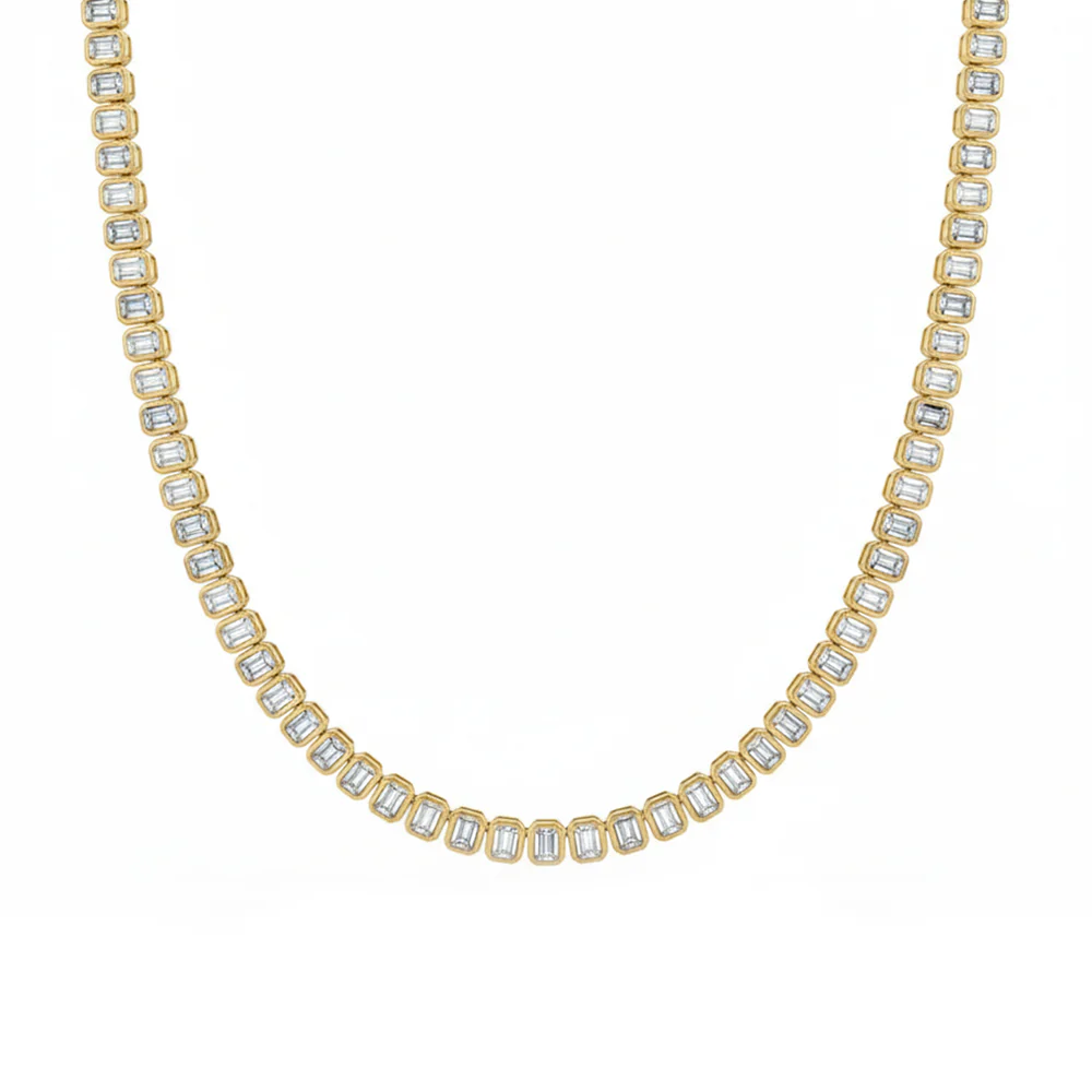 <span style="color:purple">SPECIAL!</span> 6.45ct G SI 14kt Yellow Gold Emerald Diamond Bezel Set Tennis Necklace 16" Long