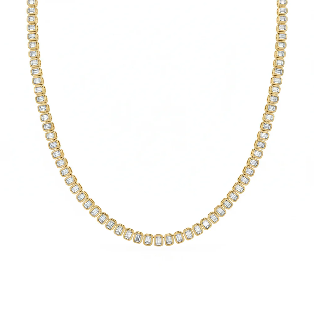 <span style="color:purple">SPECIAL!</span> 13.91ct G SI 14kt Yellow Gold Emerald Cut Diamond Bezel Set Tennis Necklace 16" Long