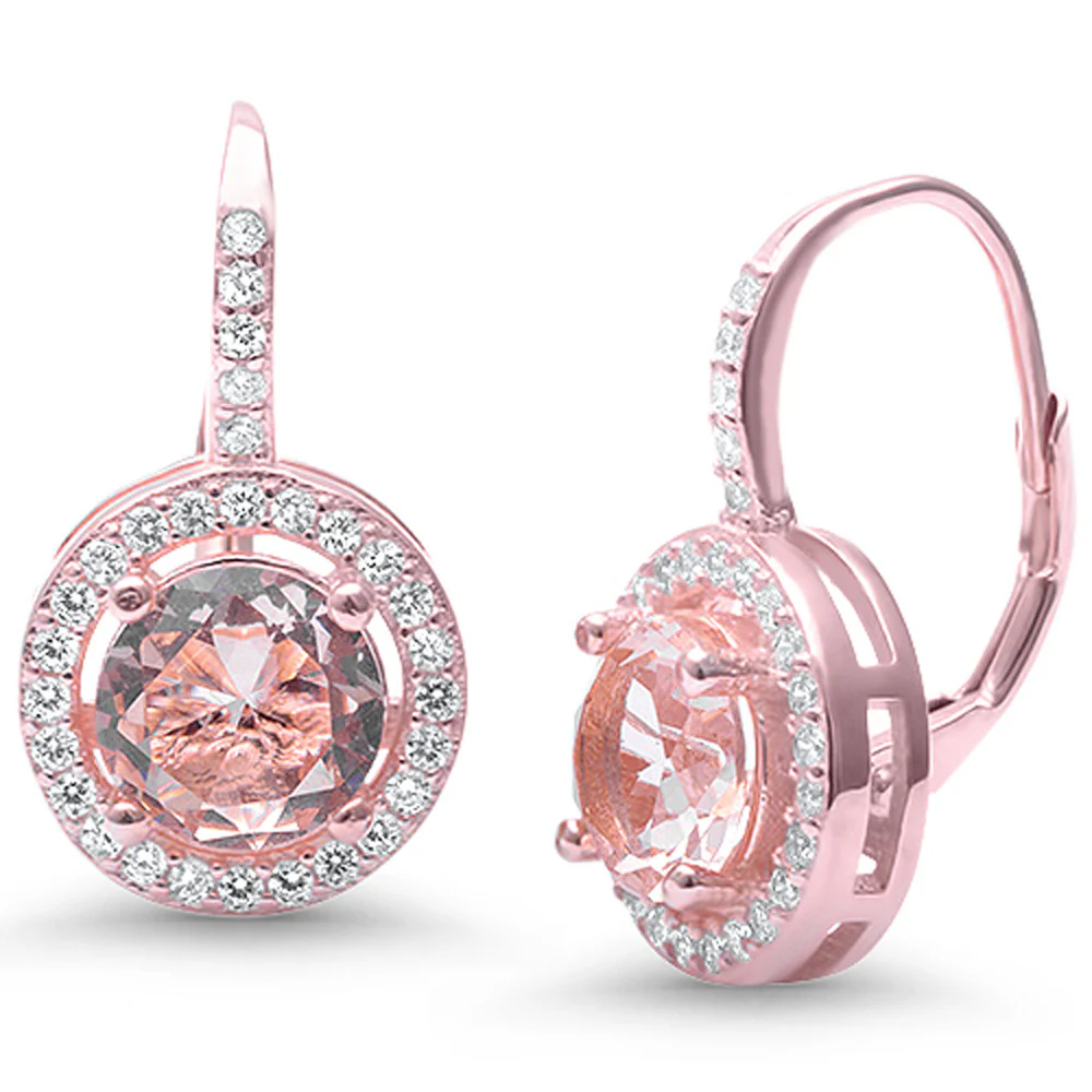 <span>CLOSEOUT! </span>Morganite Round Halo CZ .925 Sterling Silver Drop Dangle Earrings