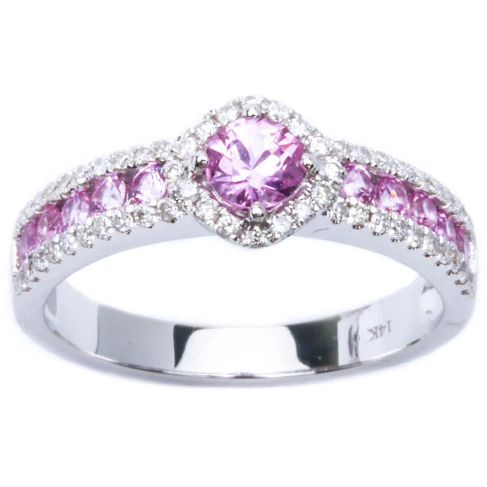 <span>DIAMOND CLOSEOUT! </span> 14k White Gold Pave Set .95ct Pink Sapphire & Diamond FINE Engagement Gemstone Band Ring