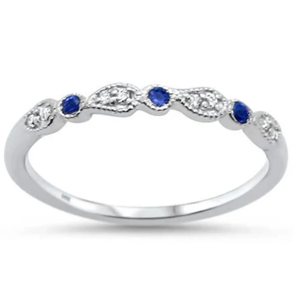 .12ct 14K White Gold Diamond & Blue Sapphire Stackable Anniversary Band Ring