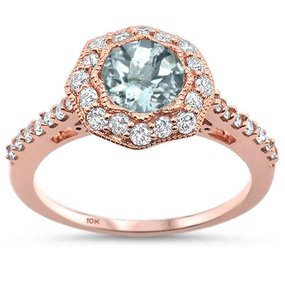 <span>DIAMOND CLOSEOUT! </span>1.38ct F SI 10k Rose Gold Natural Round Aquamarine & Diamond Ring Size 6.5
