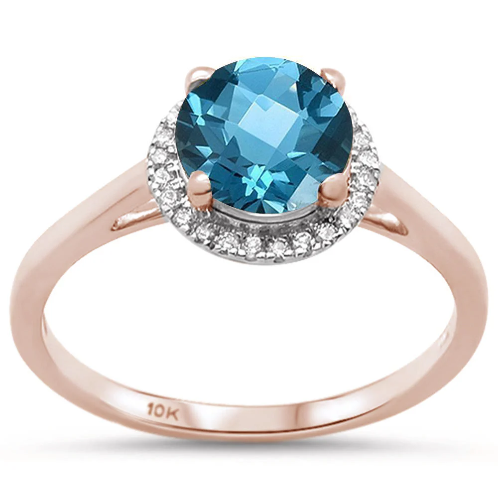 <span>GEMSTONE CLOSEOUT! </span>1.23ct G SI 10k Rose Gold Natural Round Blue Topaz & Diamond Ring Size 6.5