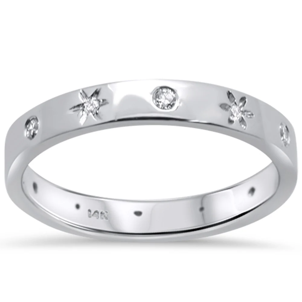 <span style="color:purple">SPECIAL!</span> .13ct 14K White Gold Bezel Set Diamond Stars Band Ring Size 6.5