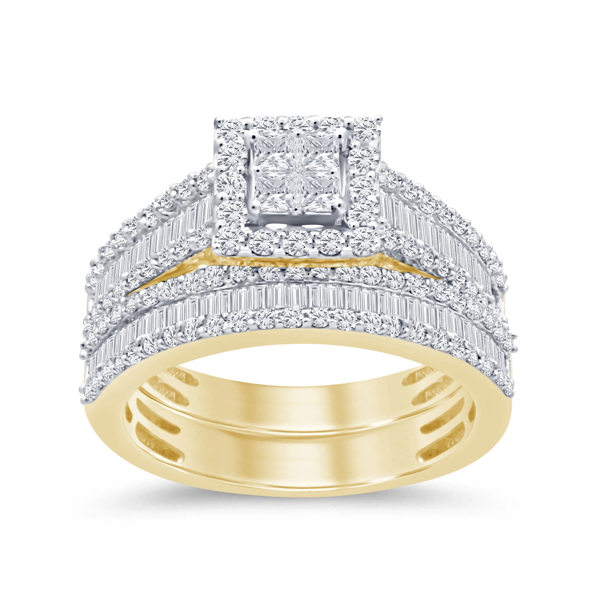 <span>DIAMOND CLOSEOUT! </span> 1.24ct G SI 14K Yellow Gold Round & Baguette Diamond Engagement Ring Set Size 6.5