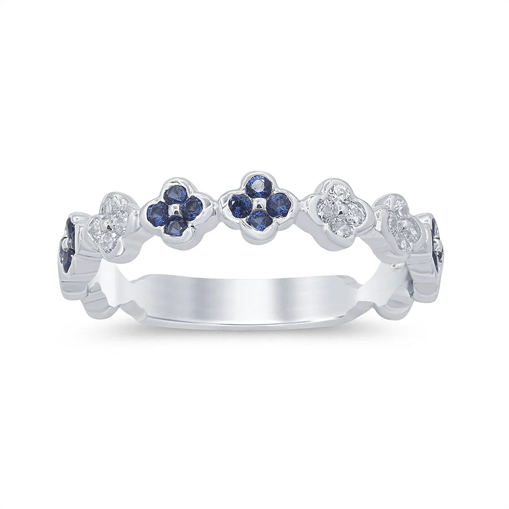 <span style="color:purple">SPECIAL!</span>.34ct G SI 14K White Gold Diamond & Blue Sapphire Gemstone Flower Ring Size 6.5