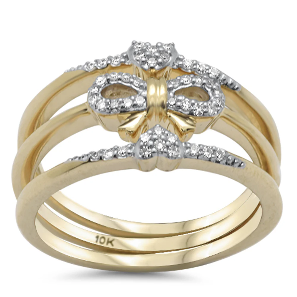 <span style="color:purple">SPECIAL!</span>.14ct G SI 10K Yellow Gold Diamond Ribbon & Hearts Design Triple Ring Size 6.5