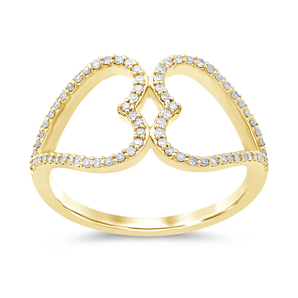 <span style="color:purple">SPECIAL!</span> .19ct G SI 14K Yellow Gold Diamond Two Hearts Style Ring Band Size 6.5