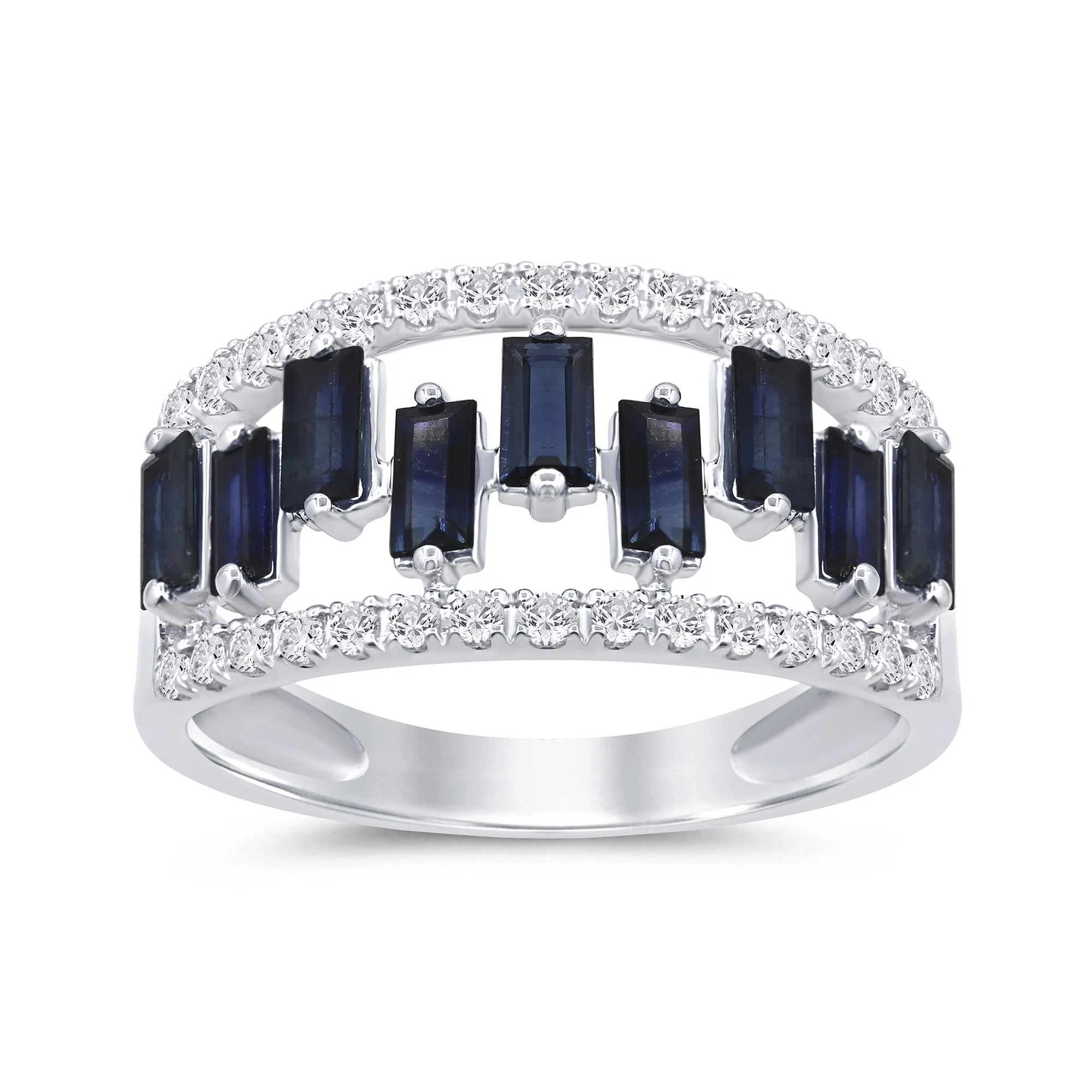 <span style="color:purple">SPECIAL!</span> 1.55ct G SI 14K White Gold Diamond & Baguette Blue Sapphire Gemstone Ring Band