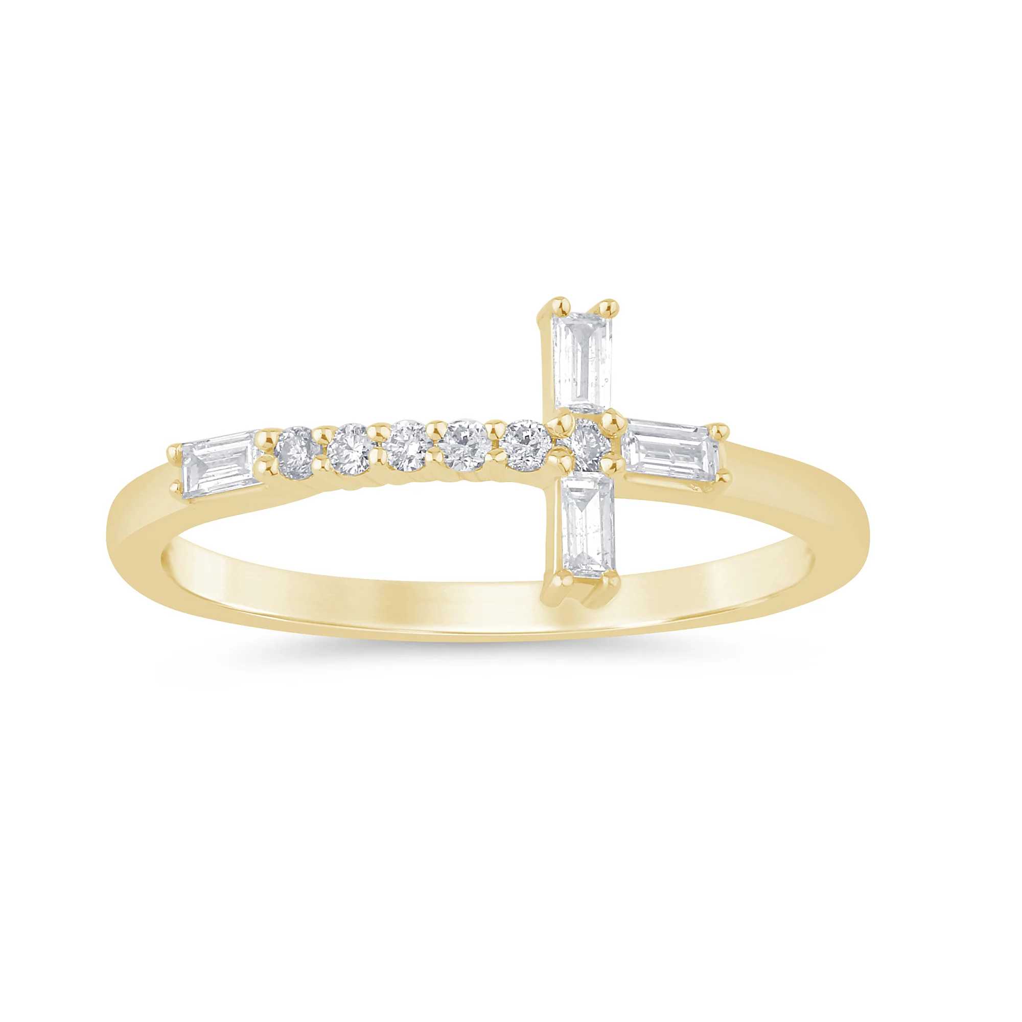 <span style="color:purple">SPECIAL!</span> .21ct G SI 14K Yellow Gold Round & Baguette Diamond Cross Ring Band Size 6.5