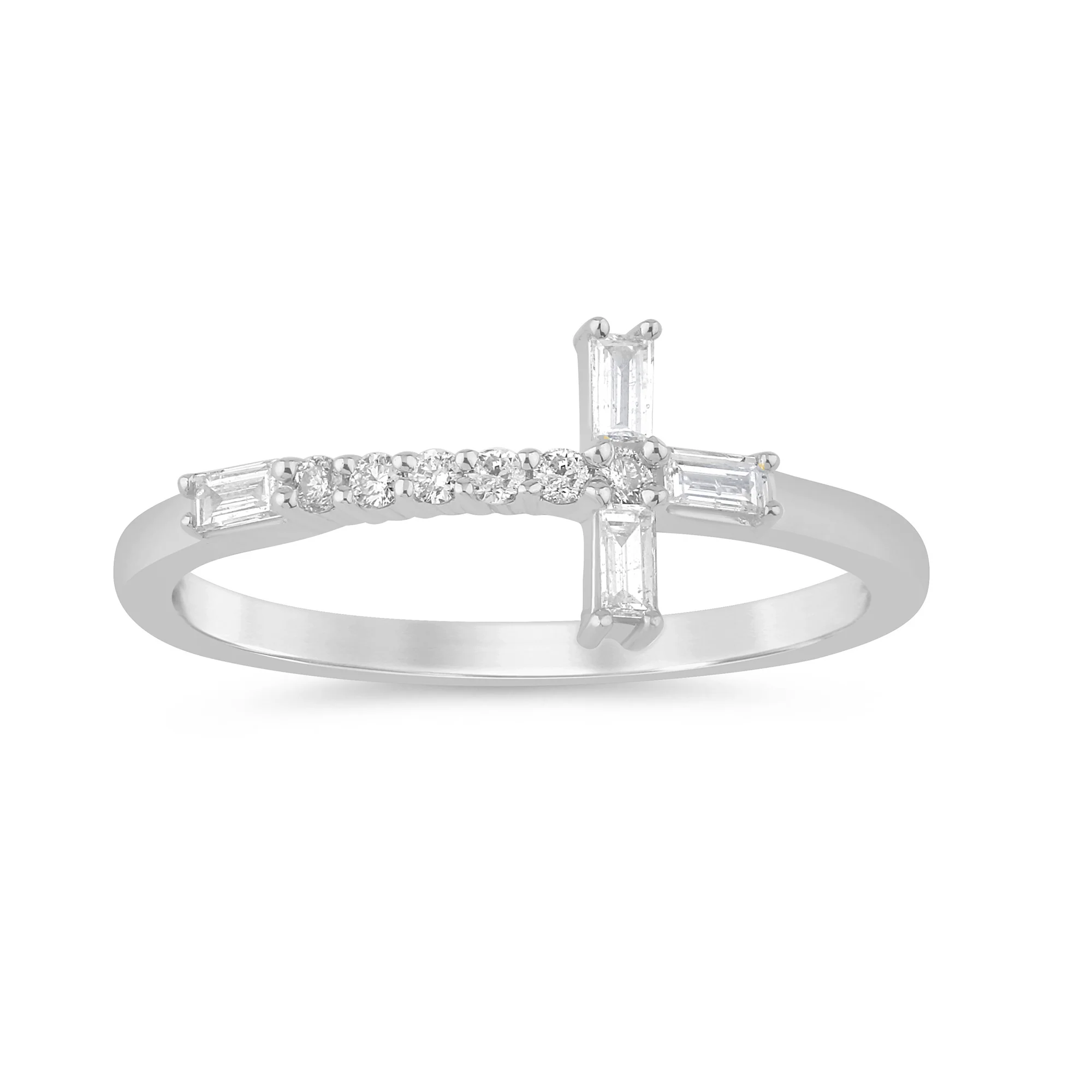 <span style="color:purple">SPECIAL!</span> .21ct G SI 14K White Gold Round & Baguette Diamond Cross Ring Band Size 6.5