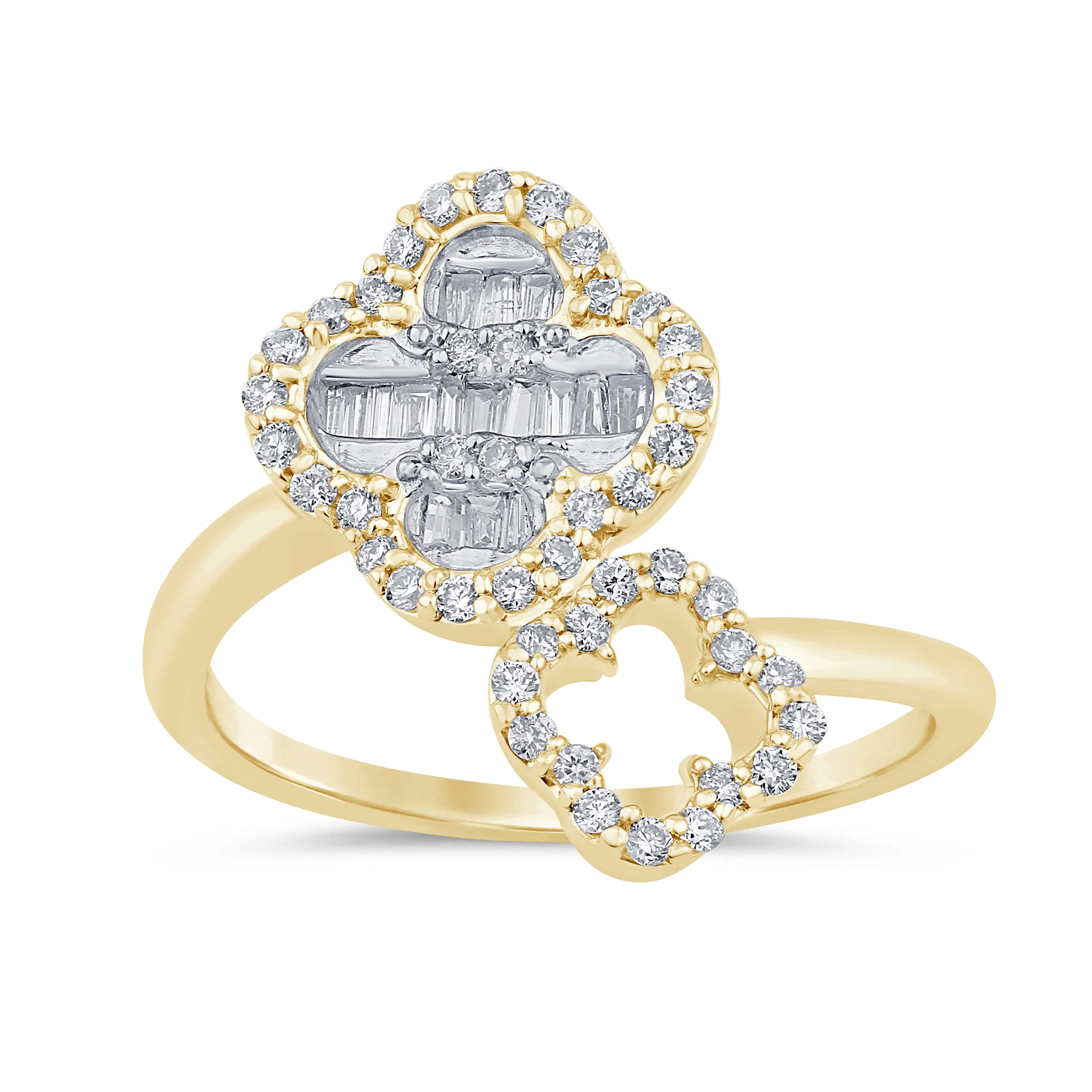 <span style="color:purple">SPECIAL!</span> .33ct G SI 14K Yellow Gold Diamond Round & Baguette Wrap Around Flower Ring Size 6.5
