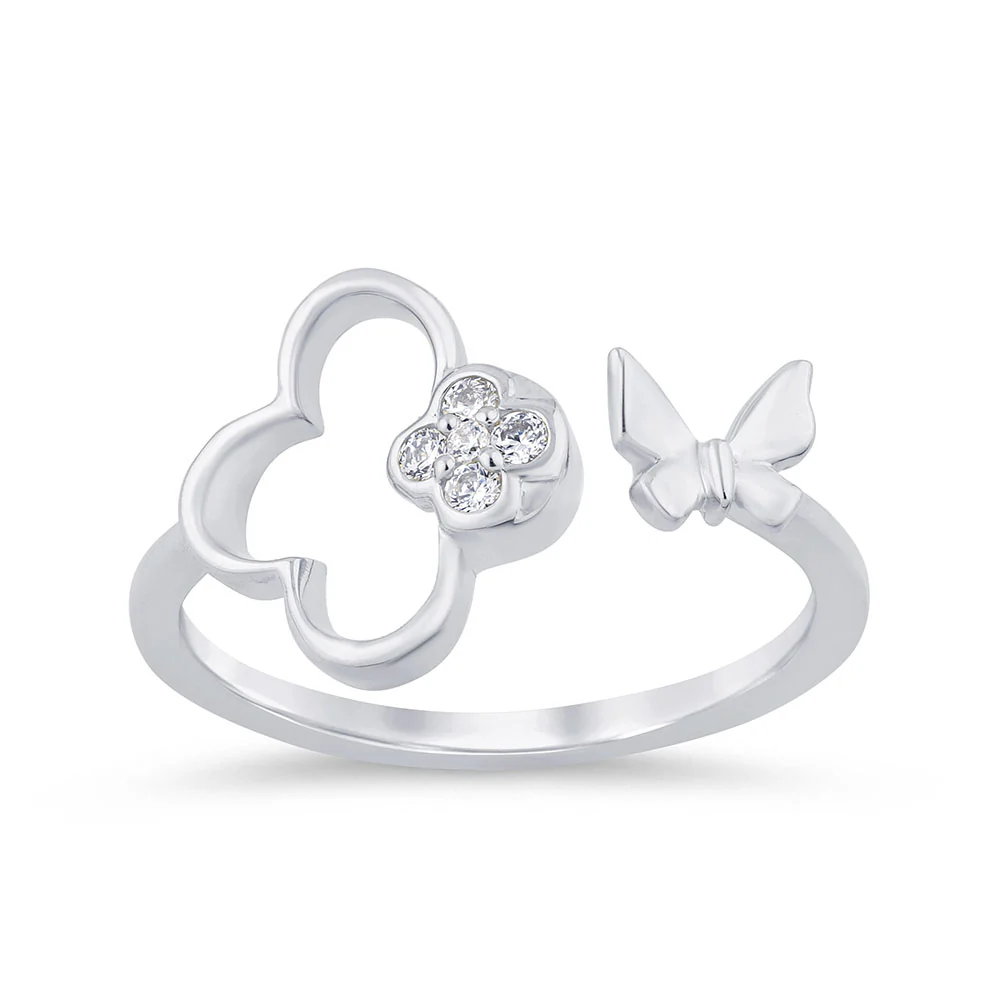 <span style="color:purple">SPECIAL!</span> .07ct G SI 14K White Gold Diamond Flower & Buterfly Wrap Around Ring Size 6.5