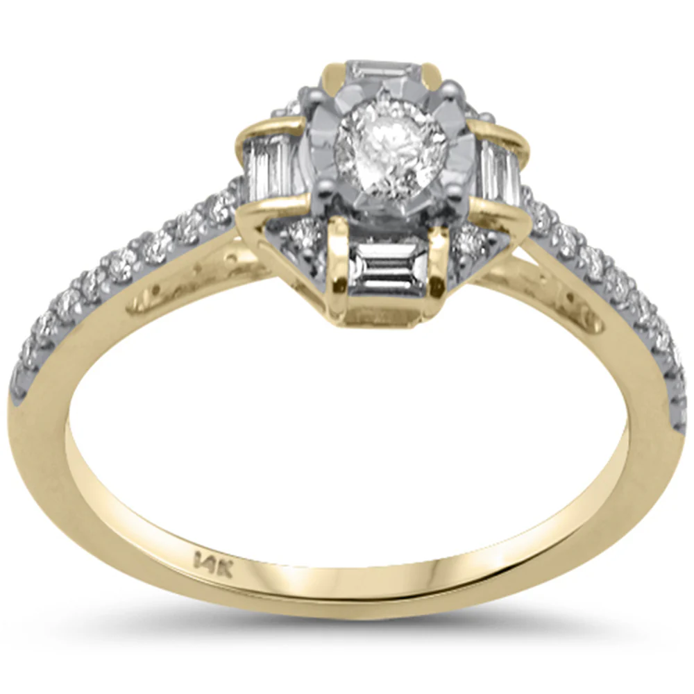 <span style="color:purple">SPECIAL!</span> .45ct G SI 14K Yellow Gold Diamond Round & Baguette Miracle Illusion Engagement Ring Size 6.5