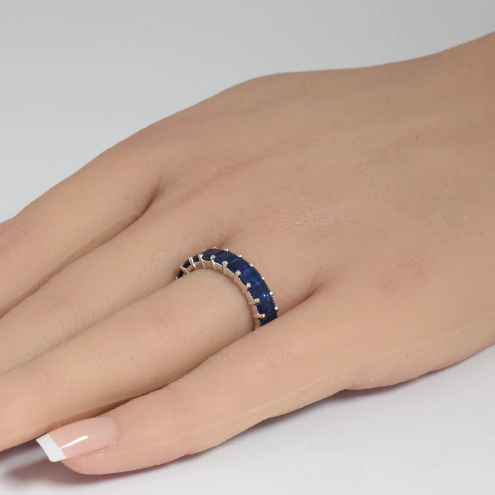 <span style="color:purple">SPECIAL!</span> 3.55ct 14K White Gold Emerald Cut Blue Sapphire Eternity Band Ring Size 6.5 - Image 2