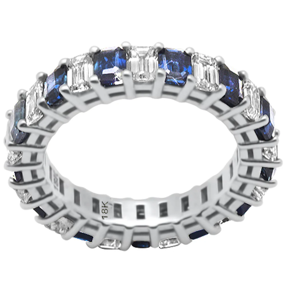 <span style="color:purple">SPECIAL!</span> 4.60ct F SI 18K White Gold Diamond & Blue Sapphire Eternity Ring Size 6.5