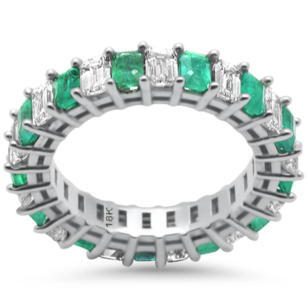 <span style="color:purple">SPECIAL!</span> 4.19ct F SI 18K White Gold Diamond & Natural Green Emerald Eternity Ring Size 6.5
