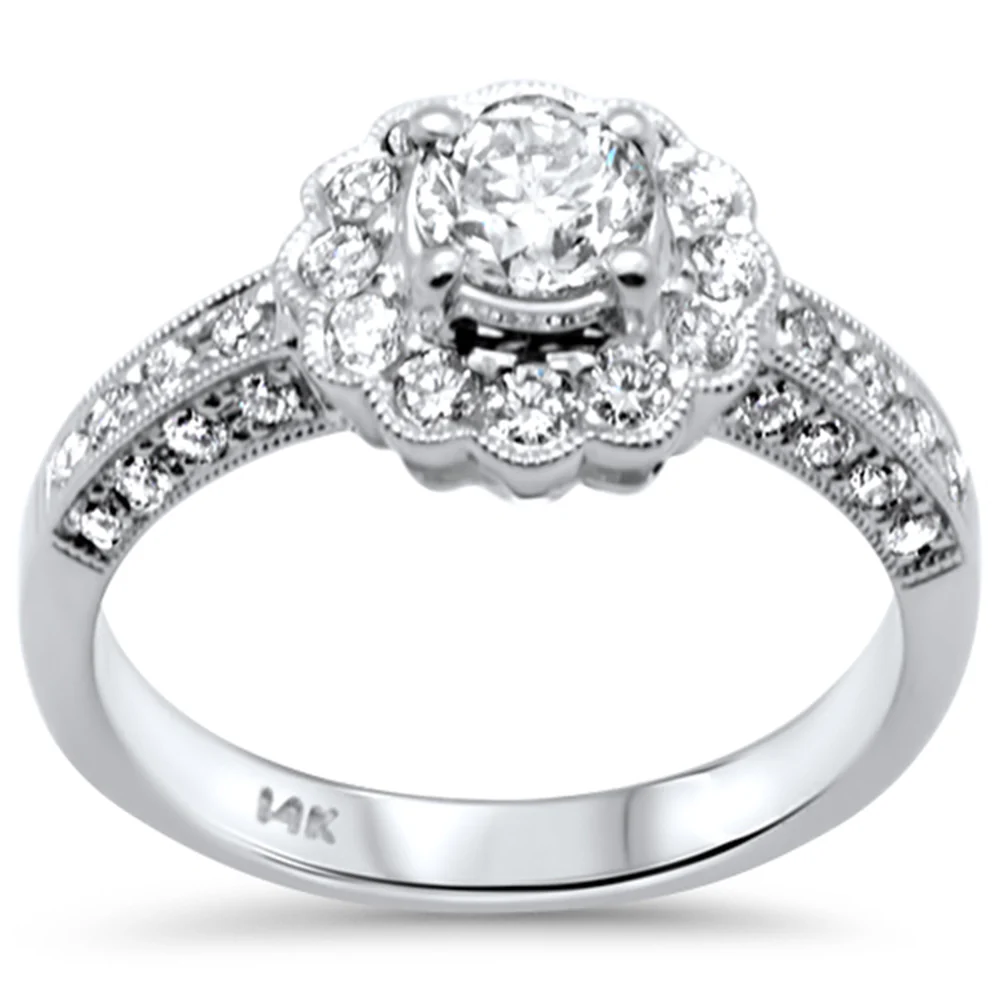<span style="color:purple">SPECIAL!</span> 1.10ct G SI 18K White Gold Diamond Halo Flower Style Engagement Ring Size 6.5