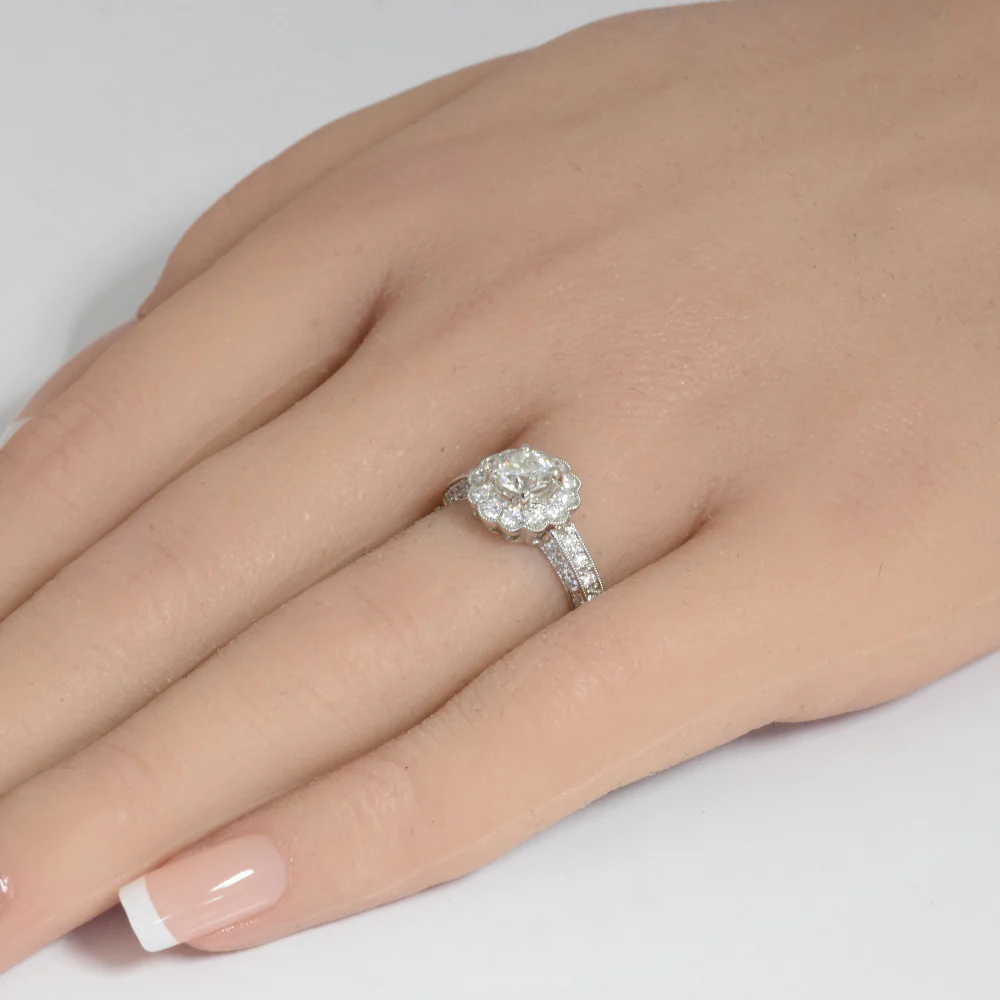 <span style="color:purple">SPECIAL!</span> 1.10ct G SI 18K White Gold Diamond Halo Flower Style Engagement Ring Size 6.5 - Image 2
