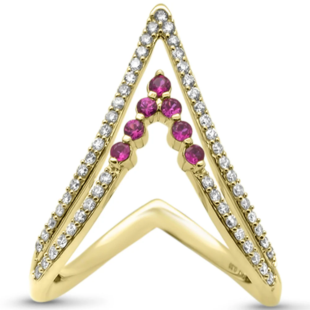 <span style="color:purple">SPECIAL!</span>.48ct G SI 14K Yellow Gold Diamond & Ruby "V" Shaped Gemstone Band Ring Size 6.5