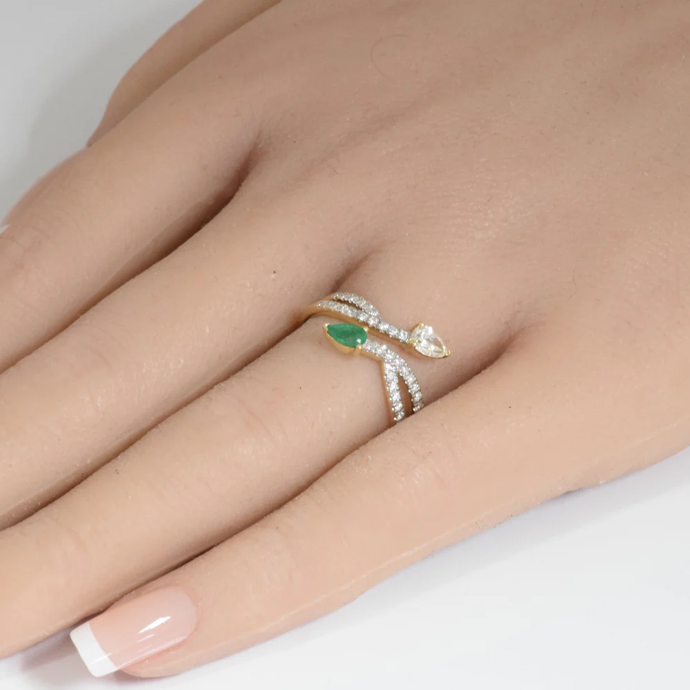<span style="color:purple">SPECIAL!</span>.61ct G SI 14K Yellow Gold Pear Shaped Diamond & Emerald Gemstones Open Ring Band Size 6.5 - Image 2