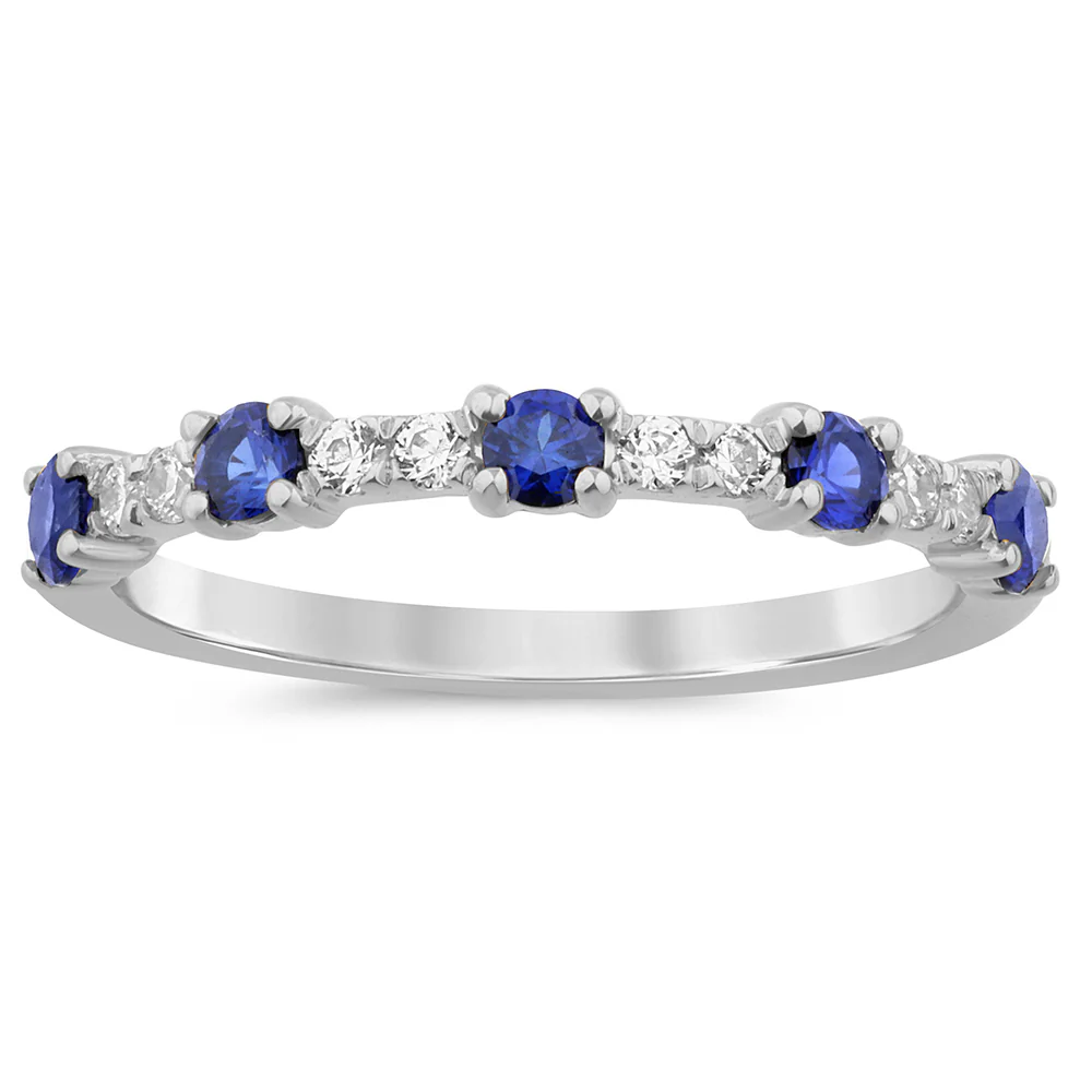 <span style="color:purple">SPECIAL!</span> .59ct G SI 14K White Gold Diamond & Blue Sapphire Gemstones Ring Band Size 6.5