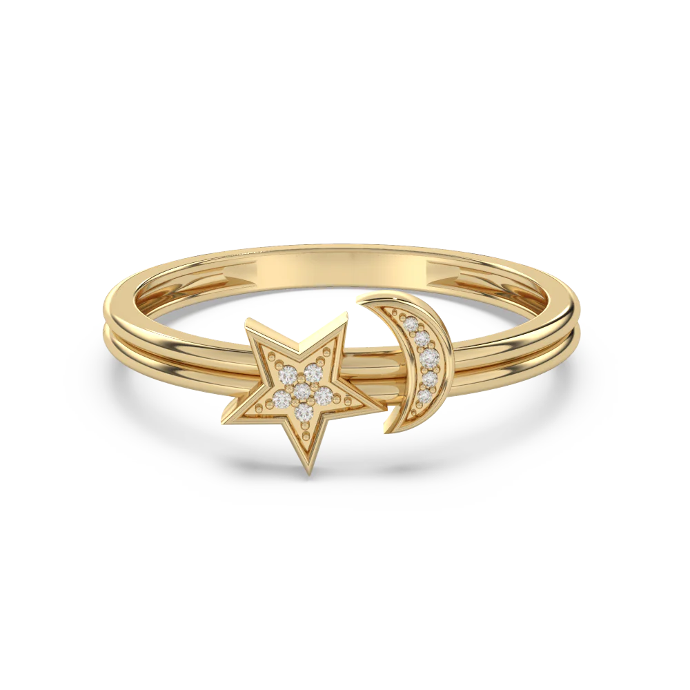 .03ct G SI 14K Yellow Gold Diamond Half Moon & Star Band Ring Size 6.5