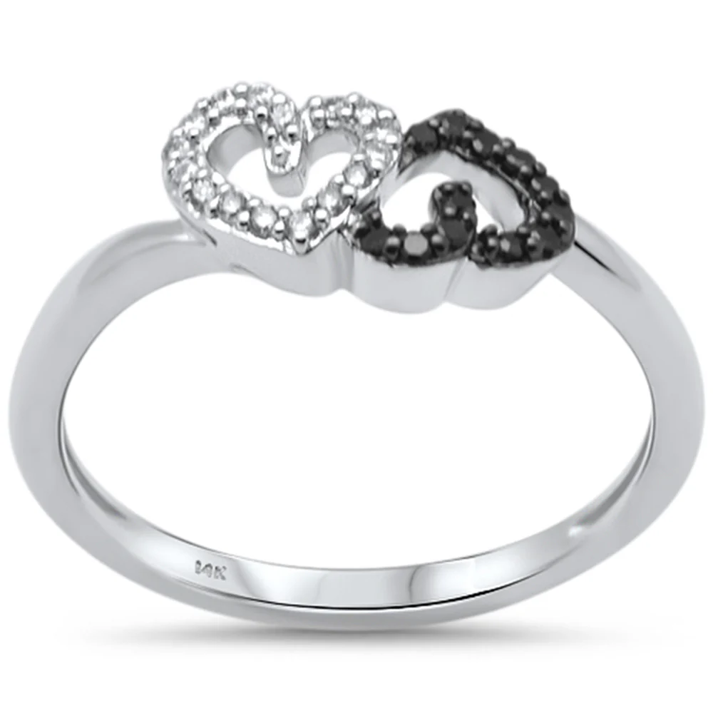 .13ct G SI 14K White Gold White & Black Diamond Heart Band Ring Size 6.5